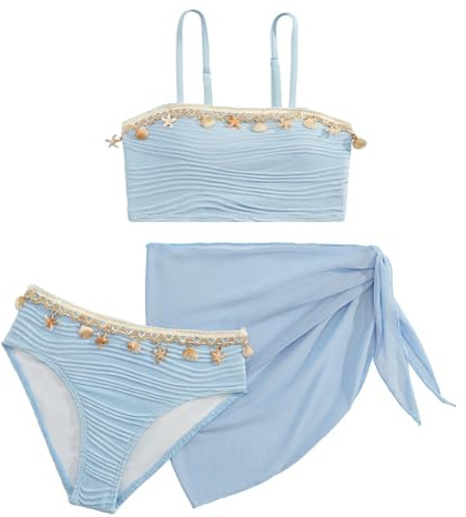 SEAUR Chica Conjunto Bikini con falda de malla 3 piezas traje de baño moda concha bikini set niño verano playa piscina 8-12 años