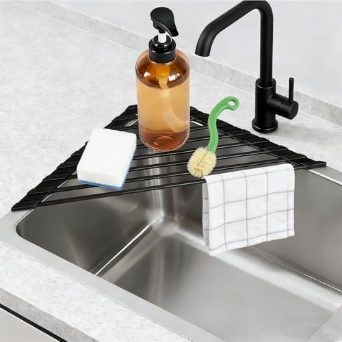 Luckwaii Kleines Dreieckiges Aufrollbares Abtropfgestell Faltbare Edelstahl | Schwammhalter Spülbecken mit Silikonbeschichtung Über Der Spüle Organizer Roll Up Dish Drying Rack für Küche