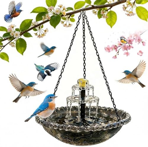 Hemoravoma Solar Cascade Hanging Bird Bath Fountain, Solar Powered Water Pump & Dispenser Weatherproof Outdoor Bird Bath for Garden, Patio & Balcony Attracts Wild Birds & Hummingbirds (Gray)