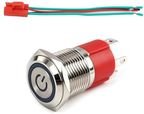 230V Selbstverriegelnder Druckknopfschalter 16mm, IP65 Wasserdicht, Blaue LED-Beleuchtung, 1NO 15A, Metall Starttaster mit Steckverbinder und Kabel