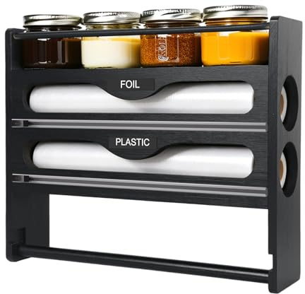 WXYDY Portarrollos de cocina de madera 4 en 1 con dispensador de láminas y cortador, montaje en pared, soporte extraíble para rollo de cocina, papel de aluminio, film transparente, estante integrado