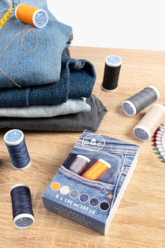 DMC - Scatola di filato per denim – assortimento, 6 rocchetti da 100 m| Ideale per macchina da cucire | Filo resistente per jeans e tessuti spessi | 6 colori diversi