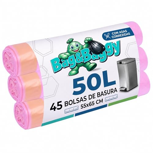Bag&Baggy - 45 bolsas de basura rosa, 55 x 65 cm, 50 litros, con asas de tira y cierre, HDPE resistente, basura para casa, cocina, oficina, 3 rollos de 15 bolsas