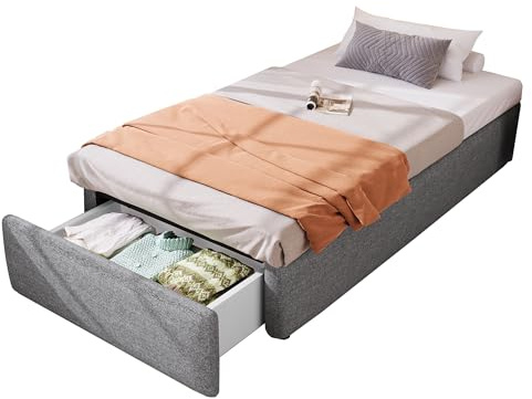SOFTWEARY Futonbett mit Bettkasten, Lattenrost und Schubladen, Einzelbett ohne Kopfteil, Bezug aus Leinen, Jugendbett (grau, 90x200 cm)