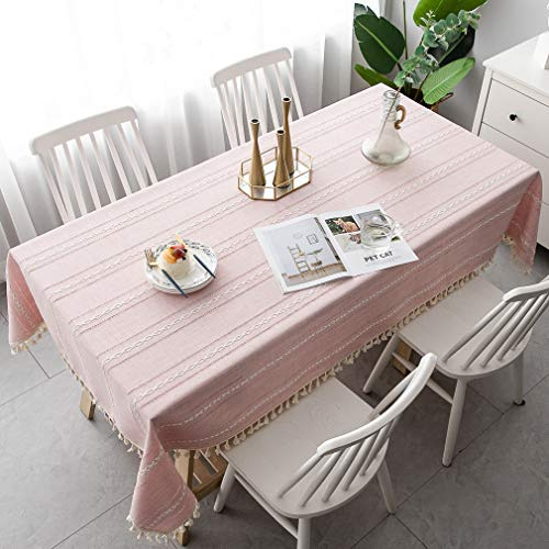 Pahajim Tischdecke Rechteckige Tischdecken Baumwolle Leinen Quaste Tischtuch abwaschbar für Speisetisch Picknick-Party Tischdekoration(Streifen - pink, 140 x 200 cm)