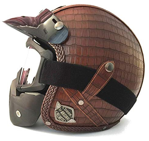 Helme Motorrad PU Leder Chopper Bike Helm 3/4 offenes Gesicht Vintage Motorradhelm mit Schutzbrille Maske