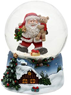 Dekohelden24 Palla di neve - Santa con orsacchiotto - su base blu con paesaggio invernale natalizio. Dimensioni (A x L x P): ca. 9 x 7 cm, 6 5 cm