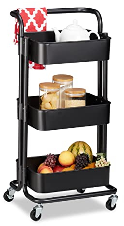 Relaxdays Rollwagen, 3 Etagen, 2 Bremsen, Allzweckwagen Küche, Bad, Büro, Rollregal Metall, HBT 84 x 42 x 37 cm, schwarz 10034150_46