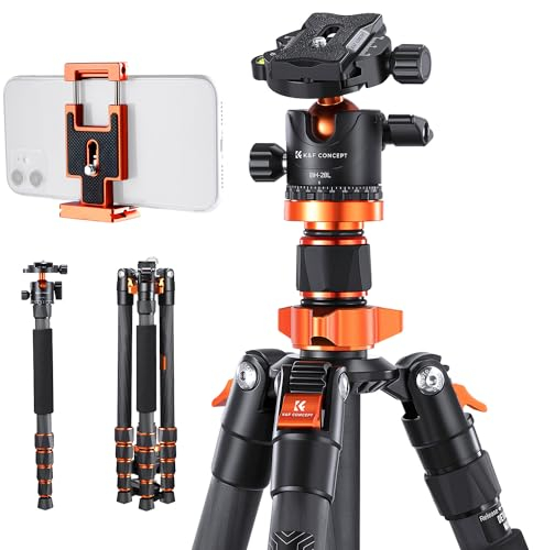 K&F CONCEPT Trípode Cámara Carbono 172CM Trípode Ligero Fotografía Professional de Viaje 360° Rótula de Bola y Placa de Liberación para Cámara DSLR (1.32KG)