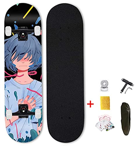 Skateboard Kinder Skateboards Für Anfänger 31 Zoll Longboards Für Mädchen Jungen, Skateboard Anime Design Komplettboard 7-Lagigem Ahornholz Deck, Teenager Mini Cruiser Boards Konkave Deckform ABEC-7