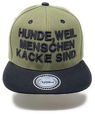 Outfitfabrik Snapback Cap „Hunde, Weil Menschen Kacke sind“ in Oliv, Schirm mit Fuck Off-Motiv, schwarzer 3D-Stick (Lifestyle, Provokation, Statement), verstellbar