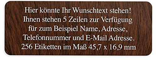 Adress-Aufkleber | PERSONALISIERT | 256 Stück | kleine Etiketten mit Wunsch-Text Dunkle Holzoptik | Schrift Weiß | für Namen und Adressen
