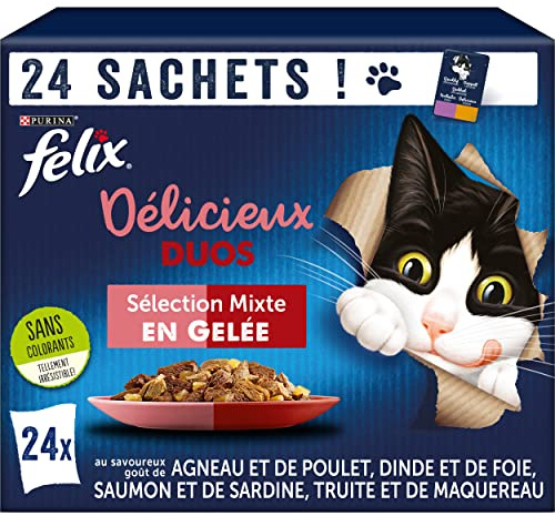FELIX | Délicieux Duos | En Gelée | Chat Adulte | Sélection mixte : Agneau et Poulet, Dinde et Foie, Saumon et Sardine, Truite et Maquereau | Sachets Fraîcheurs | ( 24 x 85 g)