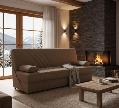 Divano Letto 3 posti Ramon, Divano Contenitore 2 Cuscini Inclusi, Sofà da Soggiorno in Tessuto con Apertura Click-clack, 181x81h88 cm, Beige