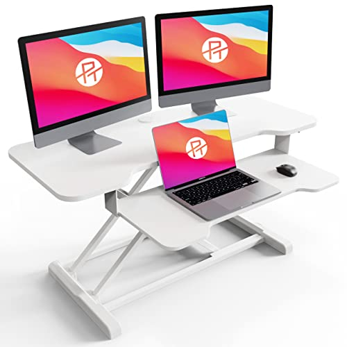 PUTORSEN 36'' Steh-Sitz Schreibtisch, 91x40cm Stehpult Höhenverstellbarer Schreibtischaufsatz für PC-Computerbildschirm, Laptop, 15 kg Kapazität (Silber+weiß)