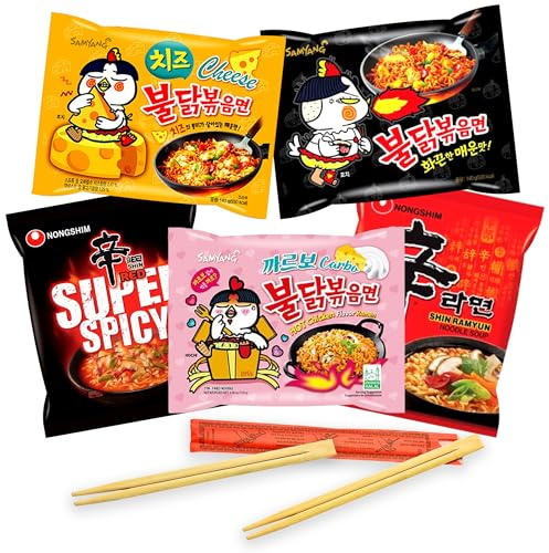Pack de 5 Ramen Selección Top Cia&Co con Samyang Buldak Pollo Hot, Carbonara, Pollo Curry, Nongshim Spice y Super Spicy. Incluye 2 pares de palillos. Fideos instanteneos coreanos.