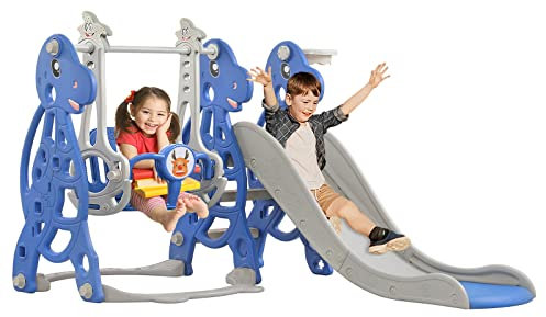 Yznahre Rutsche Indoor, 4 in 1 Kinder Spielplatz Kinderrutsche mit Rutsche Schaukel Basketballkorb Leiter, Faltbar Kleinkinderrutsche Gartenschaukel für Zimmer Outdoor Gartenrutsche Kinderschaukel