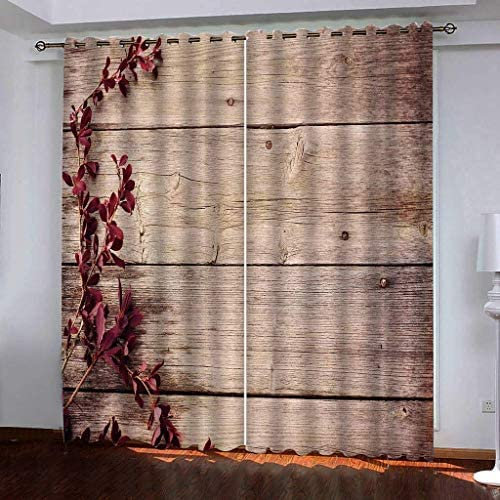 Vorhang Blickdicht Gardinen Mit Ösen - 2 Stücke 220(B)X215(H) Cm Verdunklungsvorhänge 3D Rote Blätter Braunes Holzbrett Muster Thermovorhang Für Kinderzimmer Wohnzimmer Schlafzimmer Weihnachtsgardine
