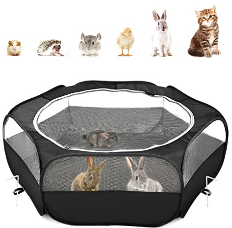 Pawaboo Small Animals Playpen, Waterproof Small Pet Cage Tent with Zippered Cover, Portable Outdoor Yard Fence with 3 Metal Rod for Kitten/Puppy/Guinea Pig/Rabbits/Hamster/Chinchillas, Black