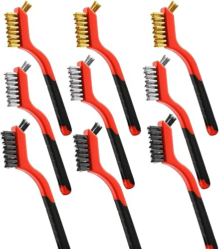 Wire Brush 9Pcs Metal Scrubber - Nylon/Brass/Stainless Steel Bristles with Curved Handle Grip for Cleaning Rust Removal, Dirt, Paint Scrubbing with Deep Cleaning – 7 Inches
