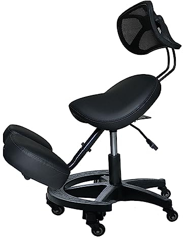 ZZYY Ergonomischer Kniestuhl mit Rückenstütze, Orthopädischer Kniestuhl Mit Rollen, Höhe und Winkel verstellbar, Dickere Leder Haltungsstuhl für Zuhause und Büro, Schwarz