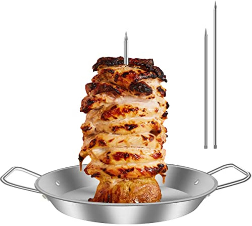 Vertikalt köttspett kebab-stativ rostfritt stål kycklingspett BBQ vertikal spett grill med 3 ersättningsspikar brasiliansk grillställning med droppbricka och handtag för kycklingkorv biff