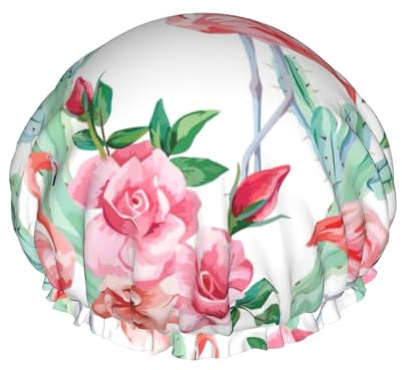 Grand bonnet de douche imprimé cactus flamant rose fleurs, bandeau élastique, double couche imperméable pour cheveux de bain, pour homme et femme