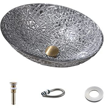 Aufsatzwaschbecken Aufsatzwaschbecken Silbernes Glaswaschbecken Badezimmerwaschbecken Waschbecken aus verzinktem gehärtetem Glas Ovales Waschbecken für Zuhause Badezimmerwaschbecken Kleines Keram