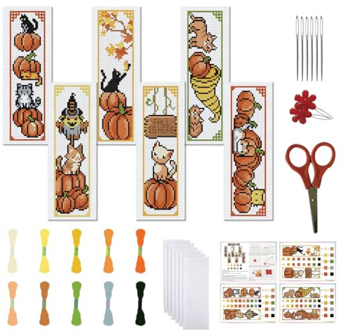 FREEBLOSS 6 Set Kreuzstich Lesezeichen Sets Mit Katzenmotiv. Lesezeichen Mit Gestempelter Stickerei Im Herbstmuster Stickset Zum Selbermachen Lesezeichen Kreuzstich Set Für Anfänger Stickset