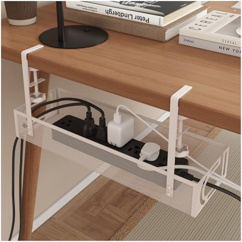 Plateau de gestion des câbles sous le bureau – Organisateurs de gestion, gestion sous le coffre, pas de perçage pour le bureau, la cuisine, la maison (blanc)