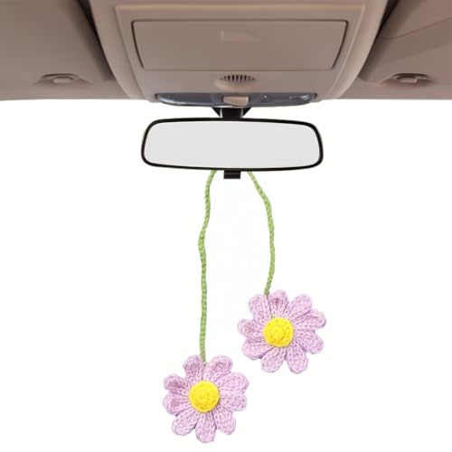 KOLZEMV Häkeln Gänseblümchen Auto Anhänger, rückspiegel anhänger, niedlicher rückspiegel-dekor, Handgestrickter Gänseblümchen-Anhänger, auto deko, für Autospiegel Türen Zuhause Büro für Frauen