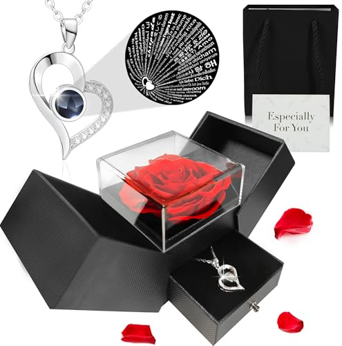 TANNESS Preserved Real Roses Gift Box, Necklace w/ 'I Love You' in 100 Languages - Mom, Eternal Rose, Forever Rose for Mum, Presents for Women