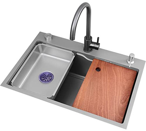 DLAZUM Bar-Spüle aus Edelstahl SUS304 mit Drehtisch und Abtropffläche, mit großem gebogenem Wasserhahn und Ablaufgarnitur, zum Einhängen oder Unterbauen (A 68 x 45 x 21 cm)