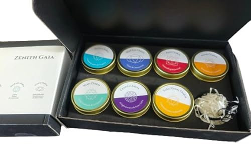 Zenith Gaia Juego de velas de chakra – Velas perfumadas a mano con cristales premium en elegantes cuencos de chapa, incluye pulsera de chakras, juego de 7 para meditación, alivio del estrés y