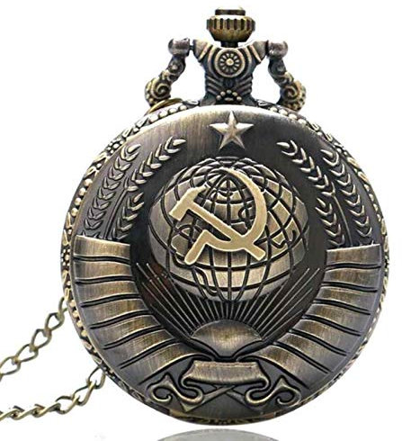 HUIBBGO Montre de Poche rétro Russie Union soviétique Drapeau Russe Marteau Badges Faucille Crochet Design Collier Chaîne Cadeau