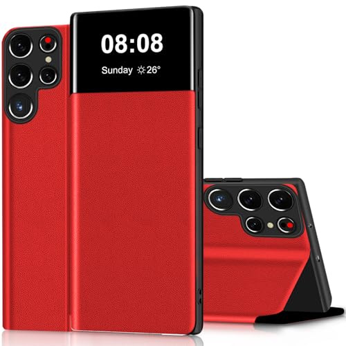 Wallet Case für Samsung Galaxy S23 Ultra Hülle Clear View Handyhülle für Samsung S23 Ultra Klapphülle Flip Cover mit Ständer Stoßfest Kratzfest Leder Schutzhülle Kartenfach Handytasche 5G (Rot)