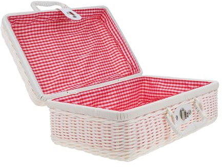 TOGEVAL Simulierte Rattan Aufbewahrungskoffer Handgewebt Retro Stil Weiß Mit Schloss Und Griff Vintage Dekorationsbox Reise Picknickkorb 30x21x12cm
