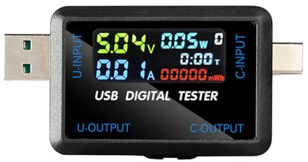 Phone Charger Adaptor Tester, USB/Type-C Charge Tester Voltage Current Power Meter Voltmeter Ammeter Detector Power Bank Charger Indicator (USB+Type-C)