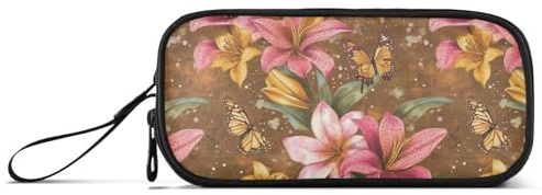 aidingzhi Digital Floral Lilies Earthy Brown Nylon Pencil Cases For College Students High Capacity Mesh Pen Pencil Case School Stationery for Elementary Teens, Digital Floral Lilies Earthy Brown, 1