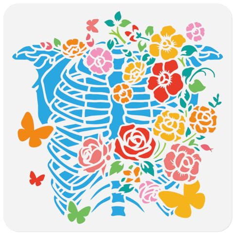 DOODLREAM Menschlicher Brustkorb Blumen Malen Schablone 30 x 30cm Wiederverwendbare Schablone Kunststoff Skelett Blumenmotiv Halloween Malvorlage DIY Bastelkunst Schablonen Wand Holz