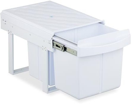 Relaxdays Einbaumülleimer, 3 Fächer, 15l & 2X 8l, HBT: 34,6 x 34 x 51,8 cm, ausziehbar, Müllsystem Unterschrank, weiß