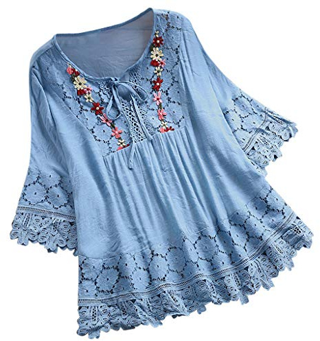 Flodxo Linen Shirt Women Short Sleeve Oversized T Shirts Lace Western Clothing for Women Summer Cotton White Blouses Floaty Bubble Hem Tops Party Evening Tunic Tops for Leggings Sky Blue 3XL