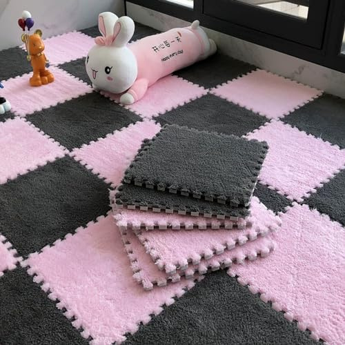 Einfarbig Wohnzimmer Ineinandergreifende Puzzle-Teppiche Flauschige Schlafzimmer EVA-Schaum-Teppiche Dicker Plüsch Weiche Krabbelmatte 10 Stück (1 Stück 30x30cm) Schallschutz Schutzbodenmatte für Ki