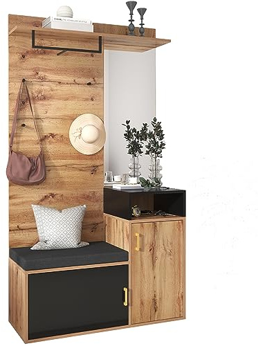KecDuey Set de Guardarropas, Perchero de Pared con Espejo, Zapatero, Perchero de Pared, Banco y Ganchos para Ropa
