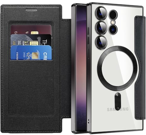 IMEIKONST für Samsung Galaxy S24 Ultra Hülle Flip Kartenfach Schwarz JDCX | RFID-Blockierung Kartenfächer Brieftasche, Premium PU Leder Tasche Handyhülle, Magnetische Transparente Rückseite Schutzhülle