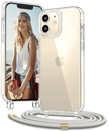 Vaykwo Handykette für iPhone 12 Mini Hülle mit Band, Beige | Necklace Handyhülle, Transparente Case zum Umhängen, Verstellbar und Abnehmbar