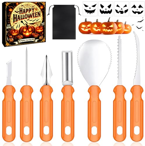 Halloween Kürbis Schnitzset, Kürbisschnitz Set Kinder, 7 Stück Kürbis Schnitzen Werkzeug, DIY Halloween Dekoration, Edelstahl Pumpkin Carving Tools Set für für Kinder und Familie