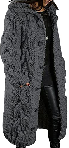 Godoboo Damen Strickjacke Pullover Lang Cardigan Einfarbig Strickcardigan Outwear Winterjacke Pulli Mit Einzig Knöpfe Jacket Strickpullover Mantel Strickmantel mit Tasche