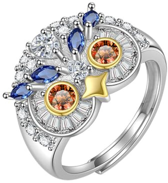 RZRPYFMM S925 Sterling Silber Eule Set Edelstein Ring, Premium Vielseitig Sterling Silber Ring,Silber,10