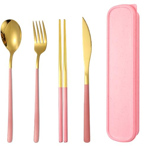PLUSHCEWT Travel Cutlery Set for 1,Reusable Stainless Steel Knife Fork Spoon Chopsticks with Case,4 Piece Ideal Portable Pink Lunch Cutlery Set for Work,Camping & Home